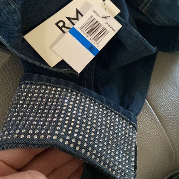 REBECCA MINKOFF DARK WASH DENIM JACKET WITH RHINESTONE EMBELLISHED CUFFS XL NWT - Picture 9 of 16